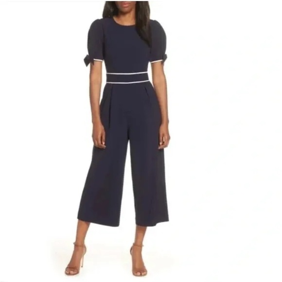 Eliza J Size 4 Navy Blue Contrast Trim Short Sleeve Bows Wide Crop Leg Jumpsuit